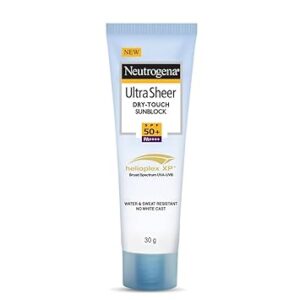 Neutrogena Ultra Sheer Sunscreen SPF 50+ | Broad Spectrum UVA/UVB | Blue light protect | No White Cast | Water resistant, Ultra light & Non sticky | Oily, Dry & Sensitive Skin | 30 g (Pack of 1)