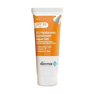 The Derma Co 1% Hyaluronic Sunscreen Aqua Gel SPF 50 PA++++ I For Oily, Dry, Acne-prone Skin | Ultra Lightweight Texture I Non-Greasy I No White Cast | Broad Spectrum Protection & Blue Light Protection | For Men & Women | 30 g