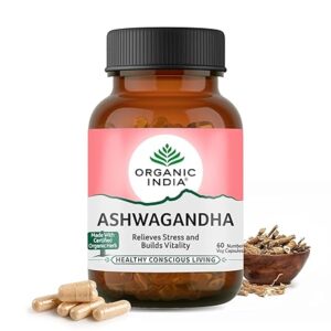 A TATA Product – Organic India Ashwagandha Capsules – 60 Veg Caps, For Vitality & Relieves Stress, Naturally Boosts Energy & Stamina, Improves Immune System, GMP & NPOP Certified