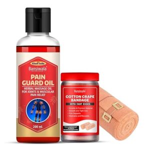 Bansiwala Khadi Ayurvedic Joint Pain Relief Oil & Crepe Bandage – Pain Killer Ortho Oil for Back, Knee, Sprains, Stiffness & Muscle Pain Relief Massage Oil Kit – 200 ML